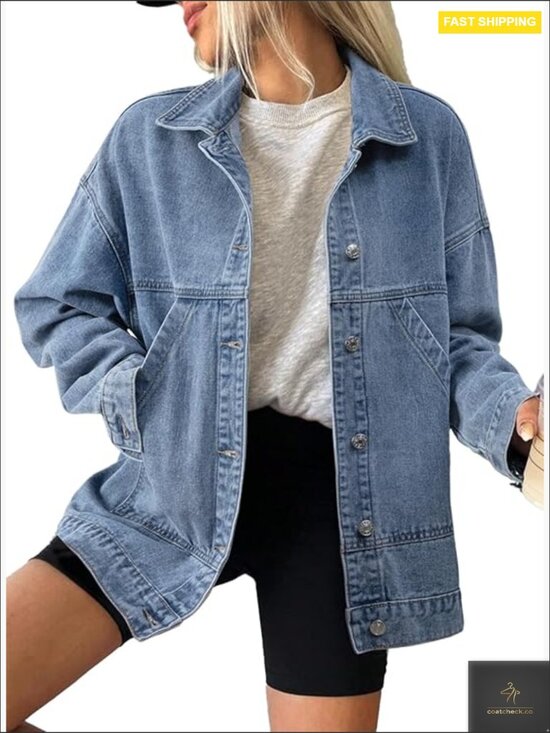 Classic Denim Jacket Casual Drop Shoulder Button Front Long Sleeve Coat